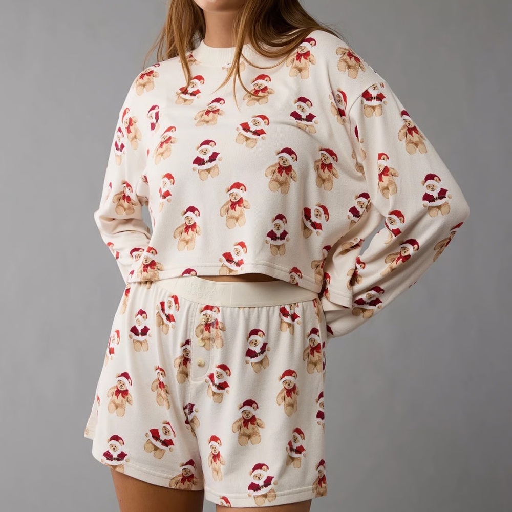 American Eagle Outfitters Cream and Red Teddy Bear Pajama Set